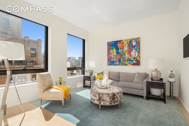 living area featuring healthy amount of natural light and baseboards
