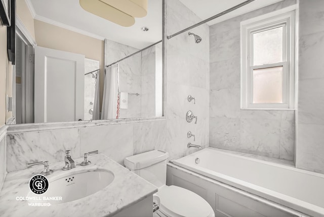 215 E 72nd St Unit 12E, New York City, NY 10021 - bathroom featuring shower / bath combo, tile walls, toilet, vanity, and ornamental molding