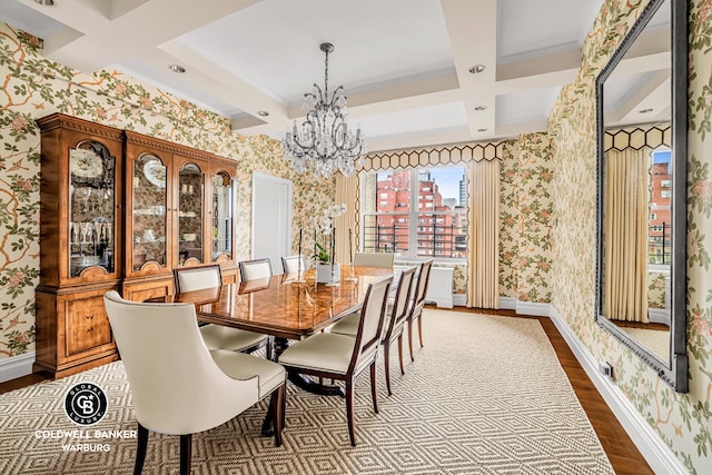 215 E 72nd St Unit 12E, New York City, NY 10021 - dining room featuring wallpapered walls, coffered ceiling, dark wood-style flooring, a chandelier, and beamed ceiling
