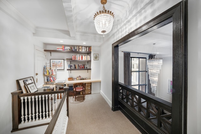carpeted home office with a chandelier, crown molding, beamed ceiling, recessed lighting, and baseboards