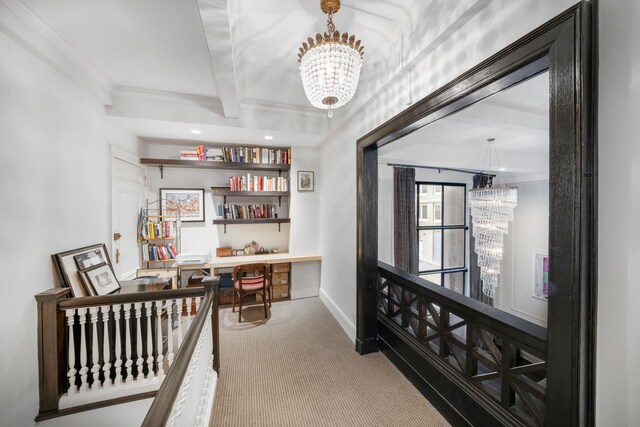 257 W 86th St Unit 3/4A, New York City, NY 10024 - carpeted office space featuring a chandelier, ornamental molding, beamed ceiling, and recessed lighting