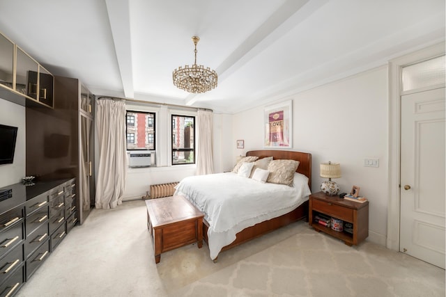 bedroom with light carpet, a chandelier, and radiator heating unit