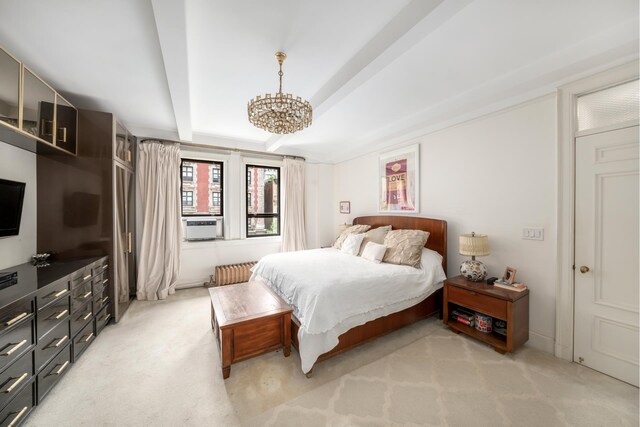 257 W 86th St Unit 3/4A, New York City, NY 10024 - bedroom with light colored carpet, a chandelier, and radiator