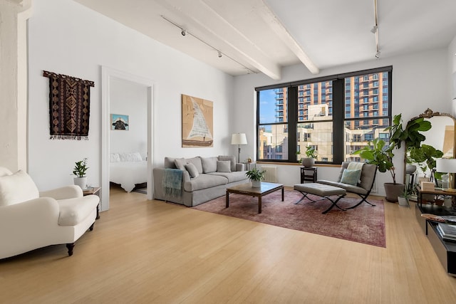 70 Washington St Unit 9A, New York City, NY 11201 - living room featuring rail lighting, wood finished floors, radiator, and beam ceiling