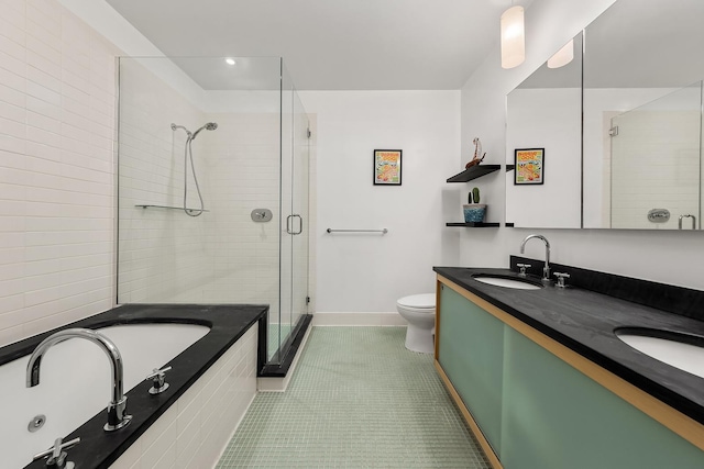 70 Washington St Unit 9A, New York City, NY 11201 - bathroom featuring a stall shower, tile patterned flooring, a bath, baseboards, and toilet