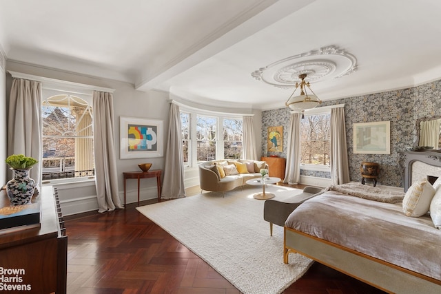 1305 Albemarle Rd, New York City, NY 11226 - bedroom with multiple windows, beamed ceiling, baseboards, and wallpapered walls
