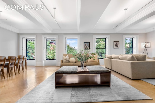 182 W 82nd St Unit 4E, New York City, NY 10024 - living area with crown molding, a tray ceiling, and baseboards