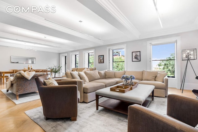 182 W 82nd St Unit 4E, New York City, NY 10024 - living room featuring crown molding, light wood-style flooring, beamed ceiling, and baseboards