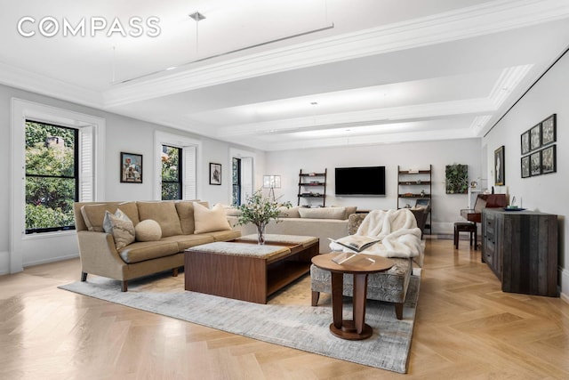 182 W 82nd St Unit 4E, New York City, NY 10024 - living area with baseboards, beam ceiling, and crown molding