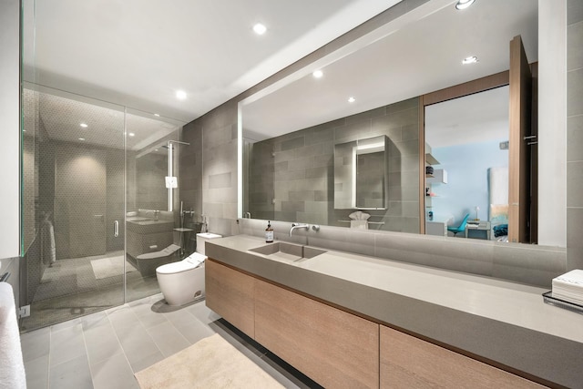 49 Chambers St Phb, Phb, New York City, NY 10007 - full bath featuring vanity, a shower stall, recessed lighting, tile walls, and tile patterned floors