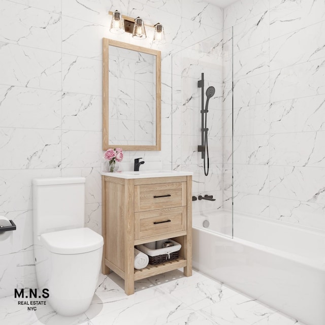 102-10 Queens Blvd Unit 701, New York City, NY 11375 - full bathroom with marble look tile flooring, bathing tub / shower combination, tile walls, vanity, and toilet