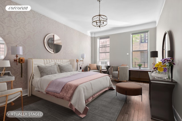 318 W 100th St Unit 1D, New York City, NY 10025 - bedroom featuring hardwood / wood-style floors, a chandelier, baseboards, and wallpapered walls