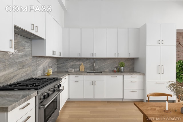 kitchen featuring high end stainless steel range, a sink, tasteful backsplash, and white cabinets