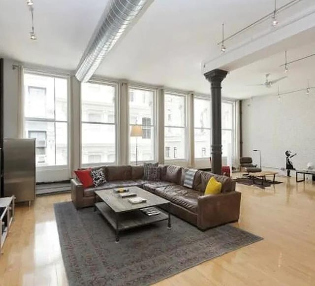 living area featuring light wood-type flooring, ceiling fan, and rail lighting