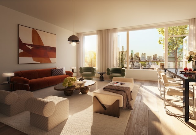 249 E 62nd St Unit 23A, New York City, NY 10065 - living area featuring wood finished floors and a skyline view