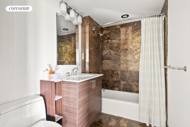 108-20 71st Ave Unit 2D, New York City, NY 11375 - bathroom with tile walls, shower / bathtub combination with curtain, toilet, and vanity