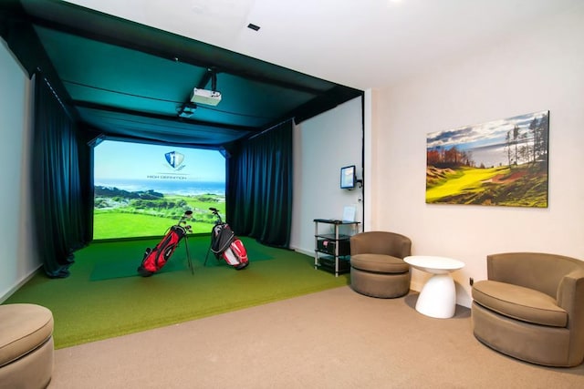 playroom featuring golf simulator and carpet
