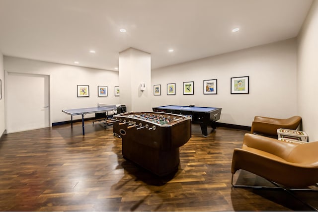 recreation room featuring dark wood-style flooring, billiards table, recessed lighting, and baseboards