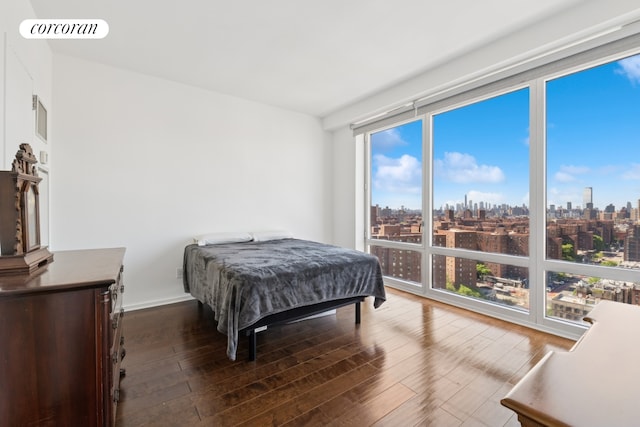 bedroom featuring a view of skyline, wood finished floors, and baseboards
