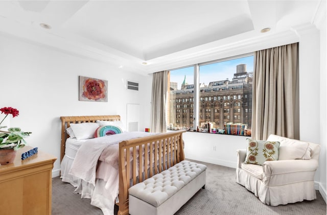 10 Little W St Unit 35-C, New York City, NY 10004 - carpeted bedroom featuring a tray ceiling, a view of city, baseboards, and recessed lighting