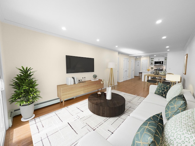 12-06 Robin Ln Unit 1028, New York City, NY 11360 - living area with recessed lighting, ornamental molding, light wood finished floors, and baseboard heating
