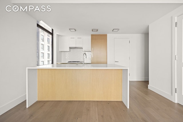 319 Schermerhorn St Unit 6B, New York City, NY 11217 - kitchen with light wood-type flooring, light countertops, backsplash, and modern cabinets