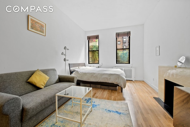 340 E 83rd St Unit 1A, New York City, NY 10028 - bedroom featuring wood finished floors, a high end fireplace, vaulted ceiling, and radiator heating unit