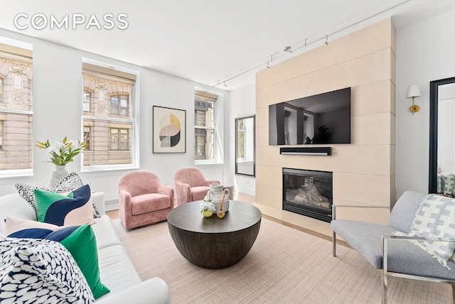 living room featuring a fireplace, rail lighting, and wood finished floors