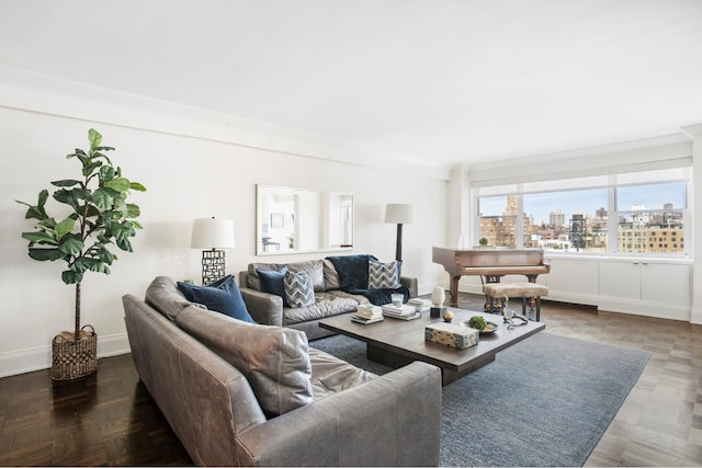 living area with a city view and baseboards