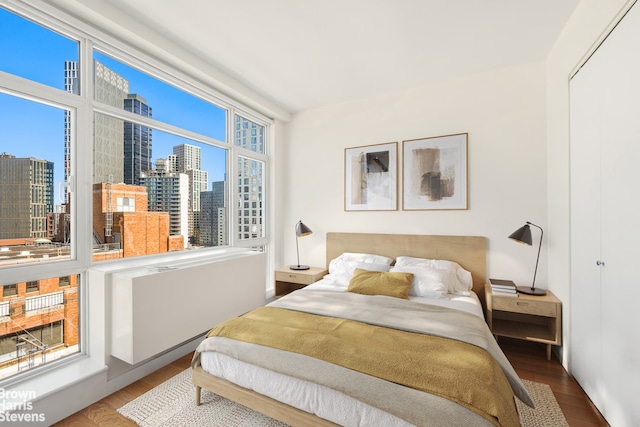 189 Schermerhorn St Unit 21H, New York City, NY 11201 - bedroom with a view of skyline and wood finished floors