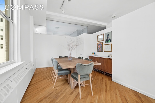 35 E 12th St Unit 8C, New York City, NY 10003 - dining area featuring radiator, light wood-style floors, baseboards, and track lighting