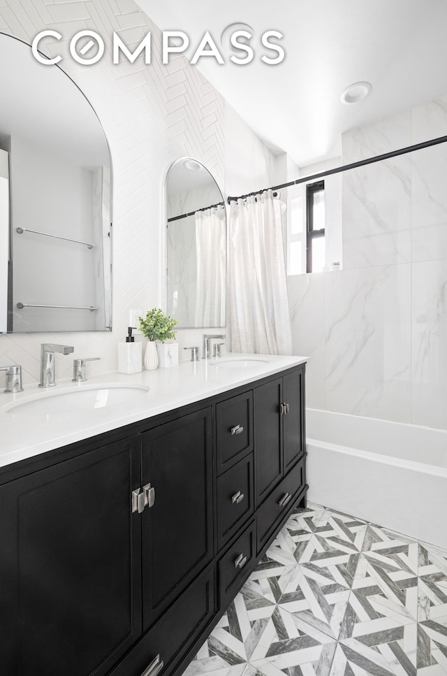 315 W 99th St Pha, Pha, New York City, NY 10025 - full bathroom with shower / tub combo with curtain and double vanity