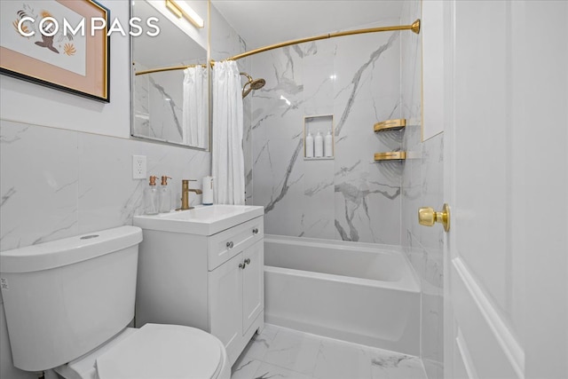 bathroom featuring marble look tile flooring, shower / tub combo with curtain, toilet, and vanity