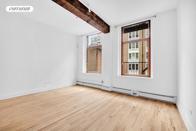 124 W 24th St Unit 4B, New York City, NY 10011 - unfurnished room featuring wood finished floors, beamed ceiling, and a baseboard heating unit