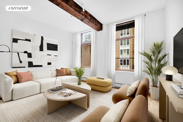 124 W 24th St Unit 4B, New York City, NY 10011 - living room featuring beamed ceiling, baseboard heating, and wood finished floors
