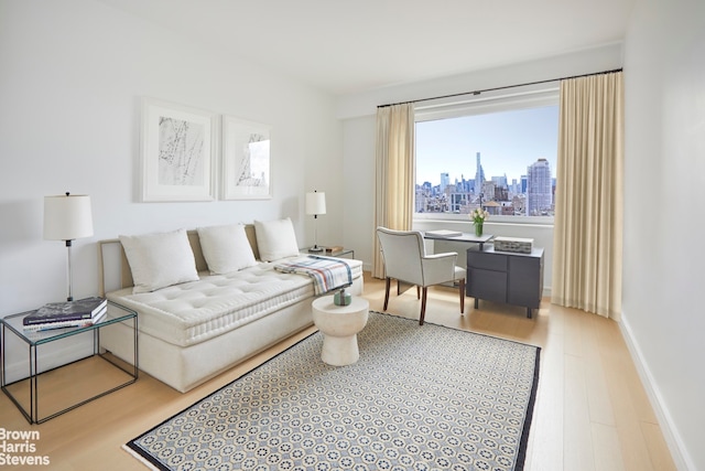 bedroom featuring wood finished floors and a view of skyline