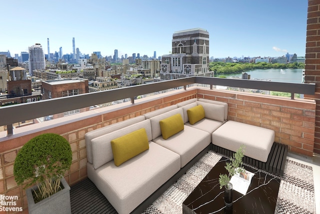 balcony featuring a view of skyline, an outdoor hangout area, and a water view