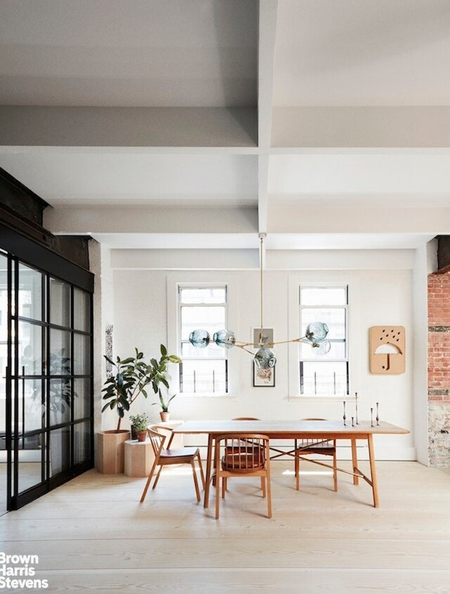 135 Hudson St Unit 6F, New York City, NY 10013 - dining area featuring beamed ceiling, wood finished floors, and plenty of natural light