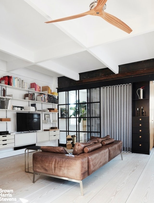 135 Hudson St Unit 6F, New York City, NY 10013 - living area with wood finished floors, beam ceiling, ceiling fan, and coffered ceiling