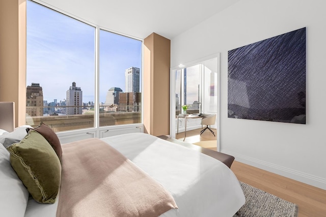 bedroom featuring a view of skyline, wood finished floors, multiple windows, and baseboards