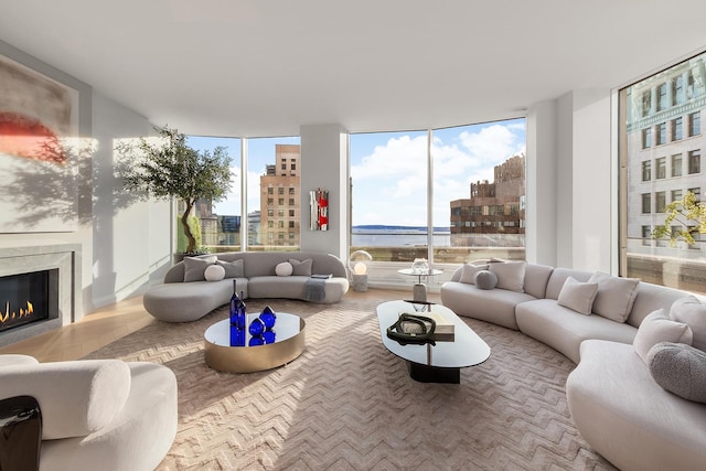 living room with a wall of windows, wood finished floors, a glass covered fireplace, and a view of city