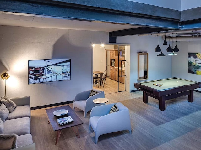 game room with wood finished floors, billiards, and beamed ceiling