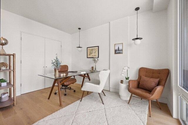 home office with light wood-style flooring