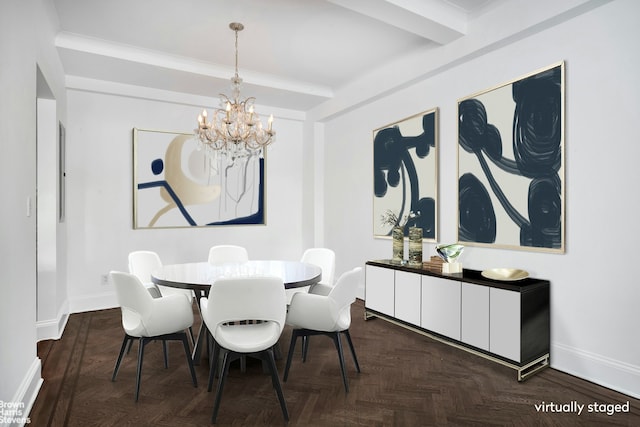 dining area featuring a chandelier, beamed ceiling, and baseboards