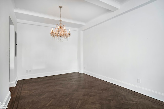 unfurnished dining area with a chandelier, beamed ceiling, and baseboards
