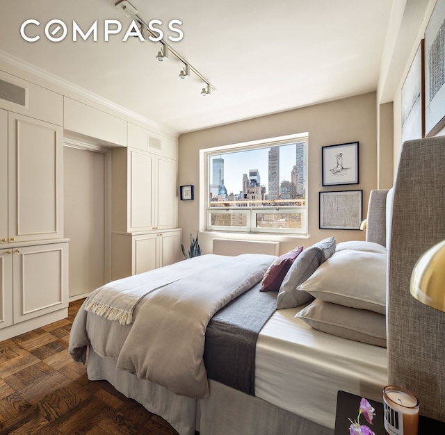 bedroom featuring rail lighting and a closet