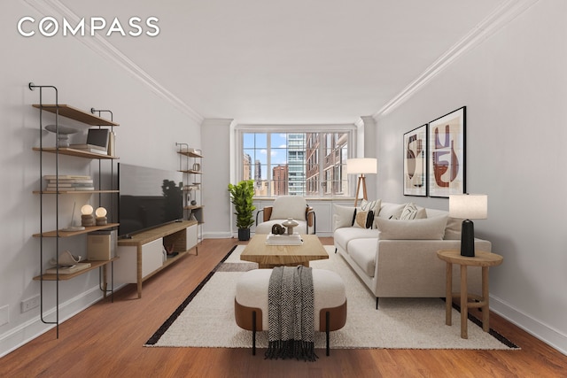 245 E 54th St Unit 25St, New York City, NY 10022 - living room with crown molding, wood finished floors, and baseboards
