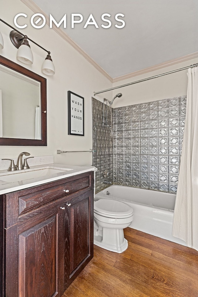 245 E 54th St Unit 25St, New York City, NY 10022 - bathroom with shower / bath combo, ornamental molding, vanity, toilet, and wood finished floors