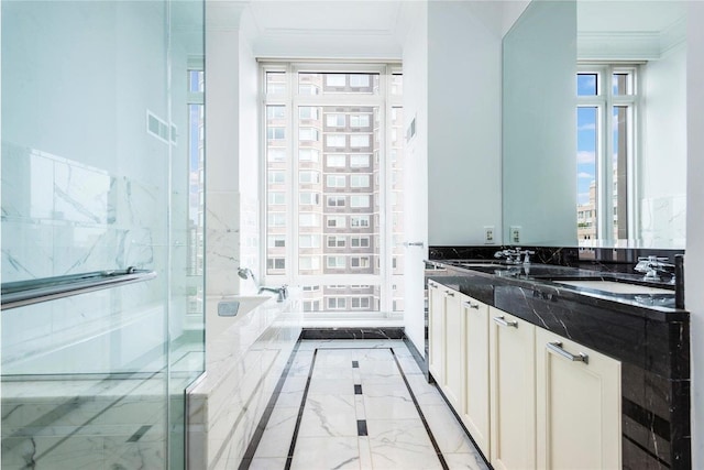 205 E 85th St Unit Ph2B, New York City, NY 10028 - full bath with double vanity, a bath, ornamental molding, marble finish flooring, and a shower stall
