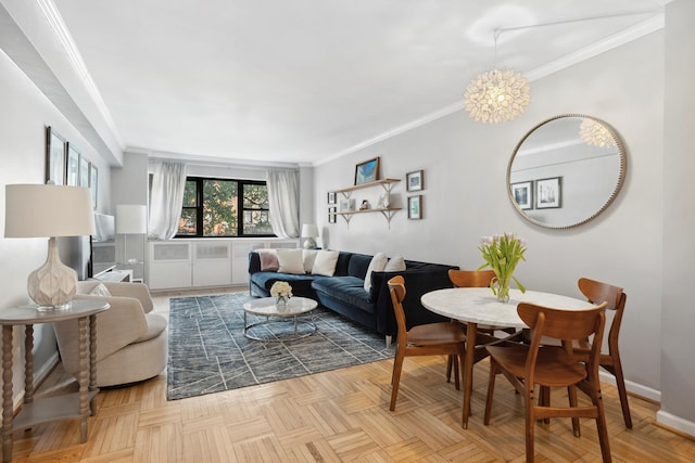 181 E 73rd St Unit 2B, New York City, NY 10021 - living room with ornamental molding, a chandelier, and baseboards